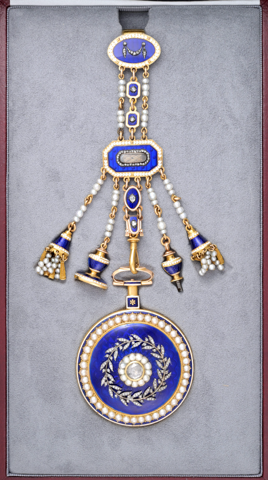 Pearl Set Gold and Enamel Cylinder with Chatelaine