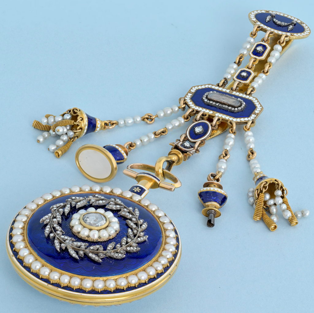 Pearl Set Gold and Enamel Cylinder with Chatelaine