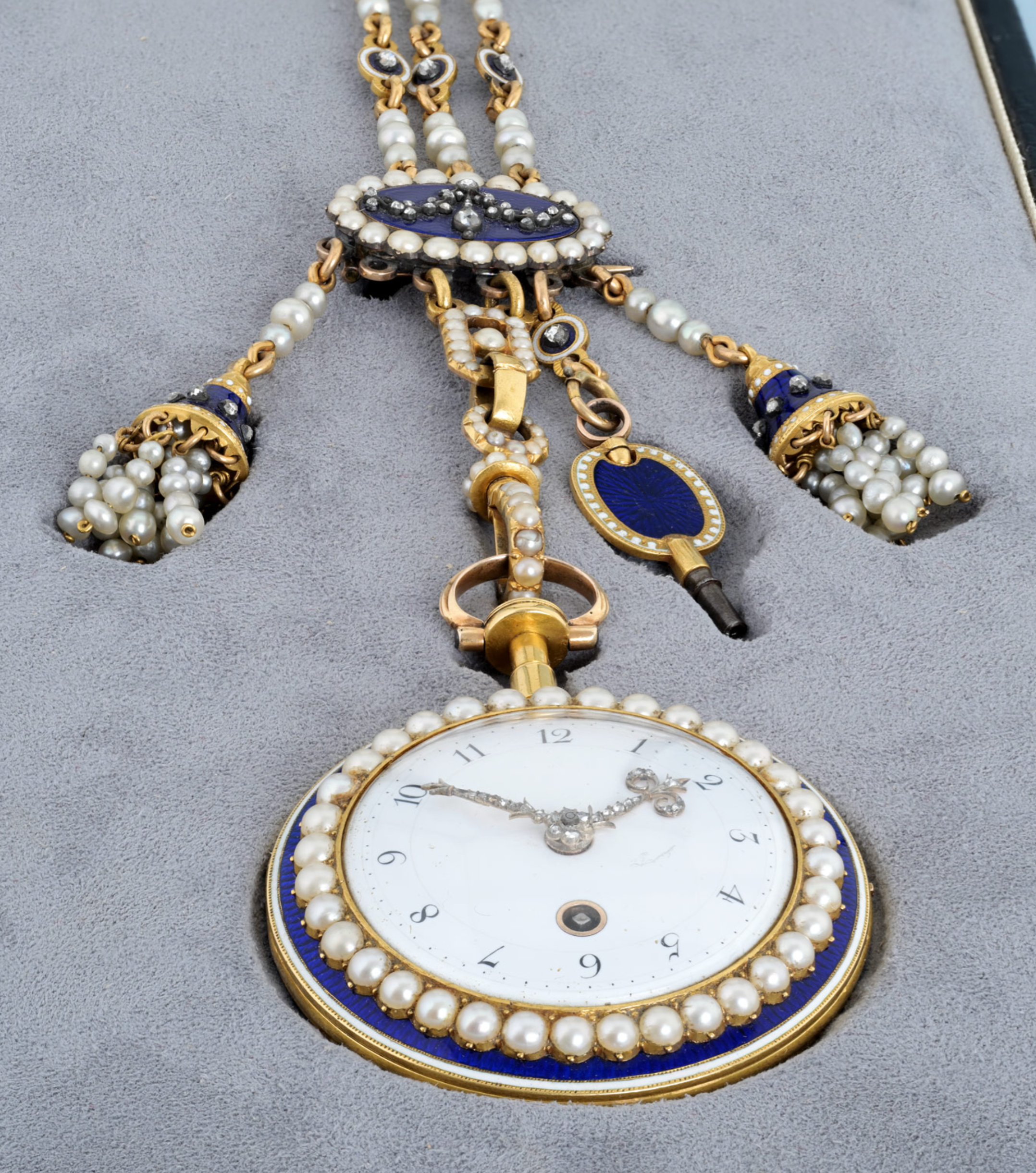 Diamond Set Gold and Enamel Chatelaine Watch
